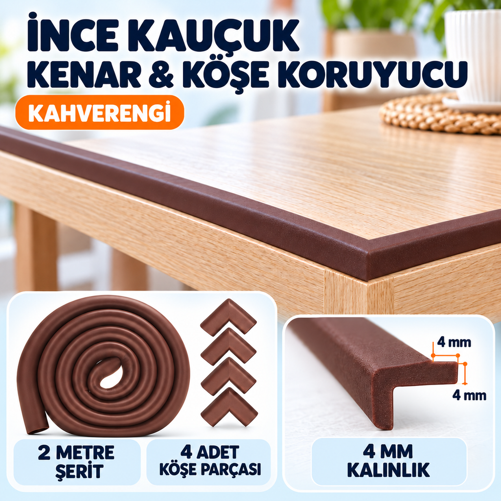 Slim (İnce) Kauçuk 2Mt. Kenar ve 4 Ad. Köşe Koruyucu - Kahverengi