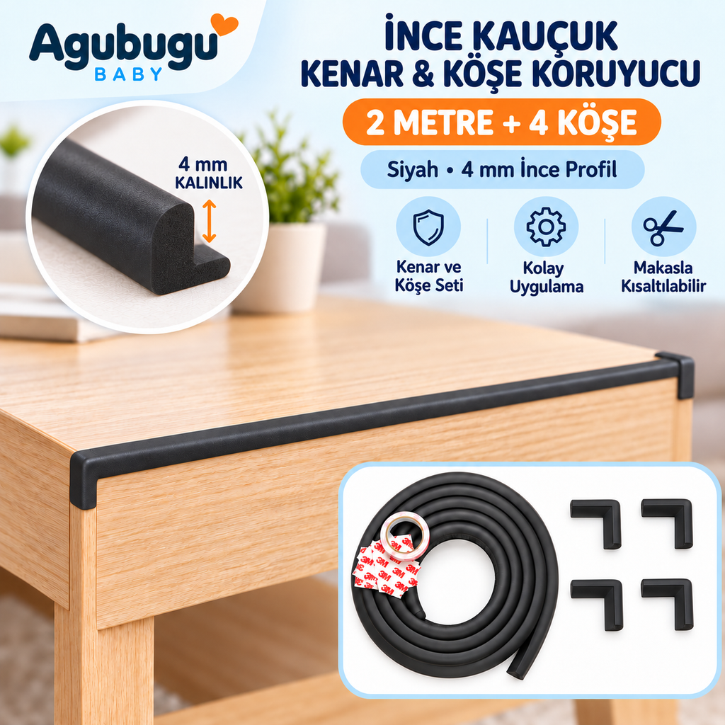 İnce - Kauçuk 2Mt. Kenar ve 4 Ad. Köşe Koruyucu - Siyah