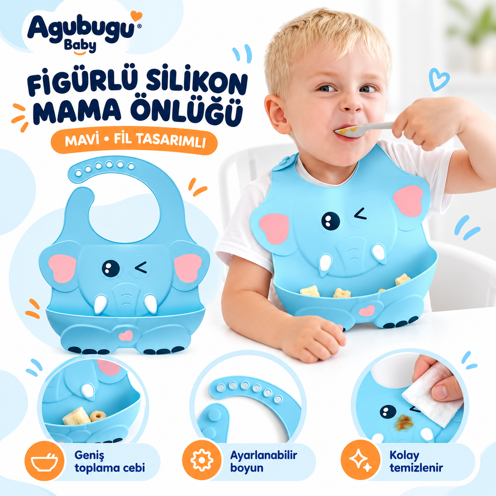 Kabartmalı Figürlü Cepli Silikon Mama Önlüğü - Mavi