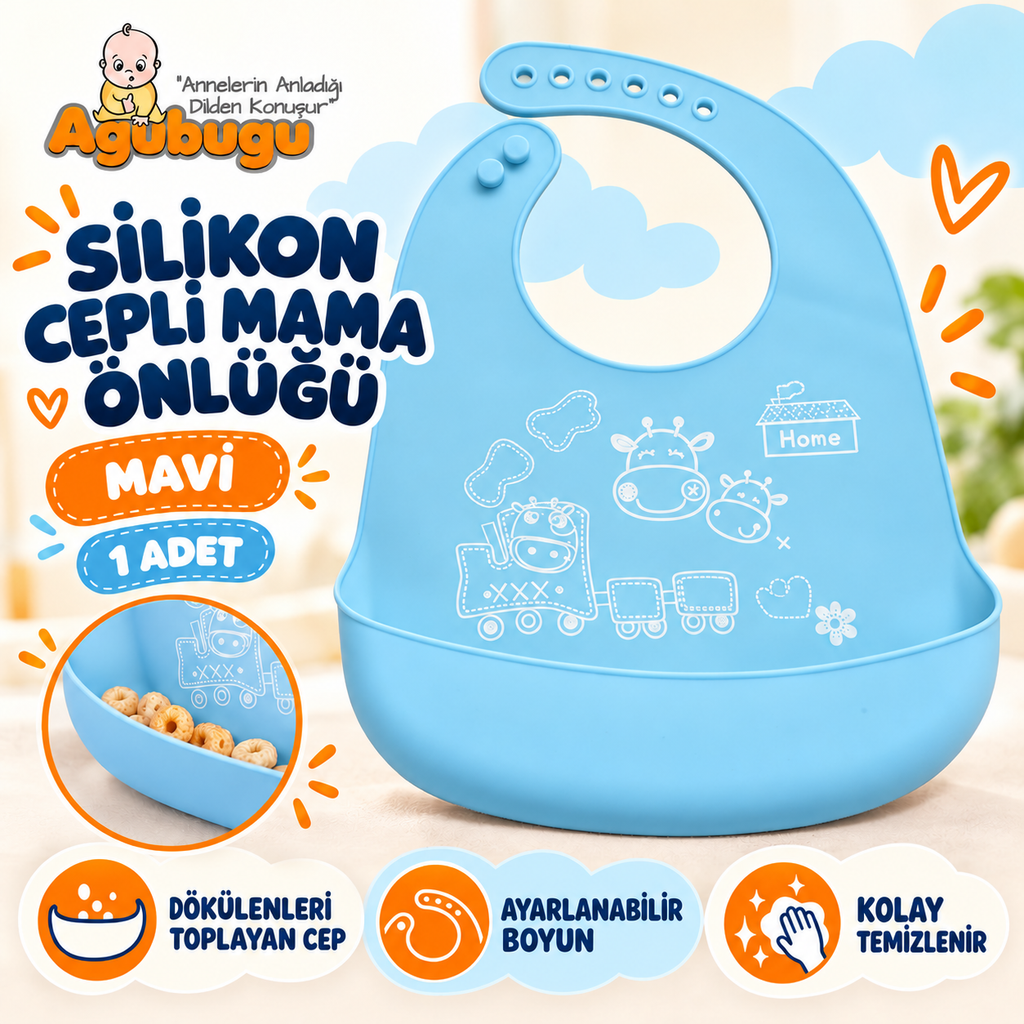 Silikon Cepli Mama Önlüğü - Mavi