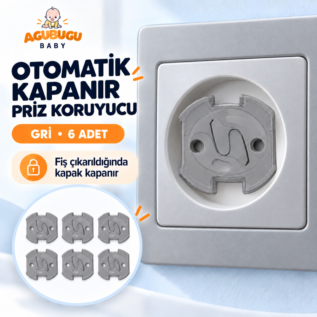 Güvenli Priz Koruyucu | Otomatik Kapanır Yaylı Sistem - Gri - 6 Lı