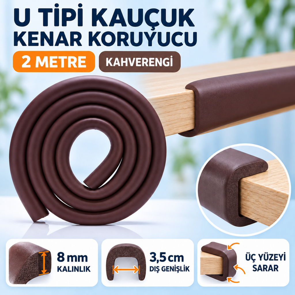 Agubugu Baby U Tipi Kauçuk Kenar Koruyucu 2 Metre Kahverengi
