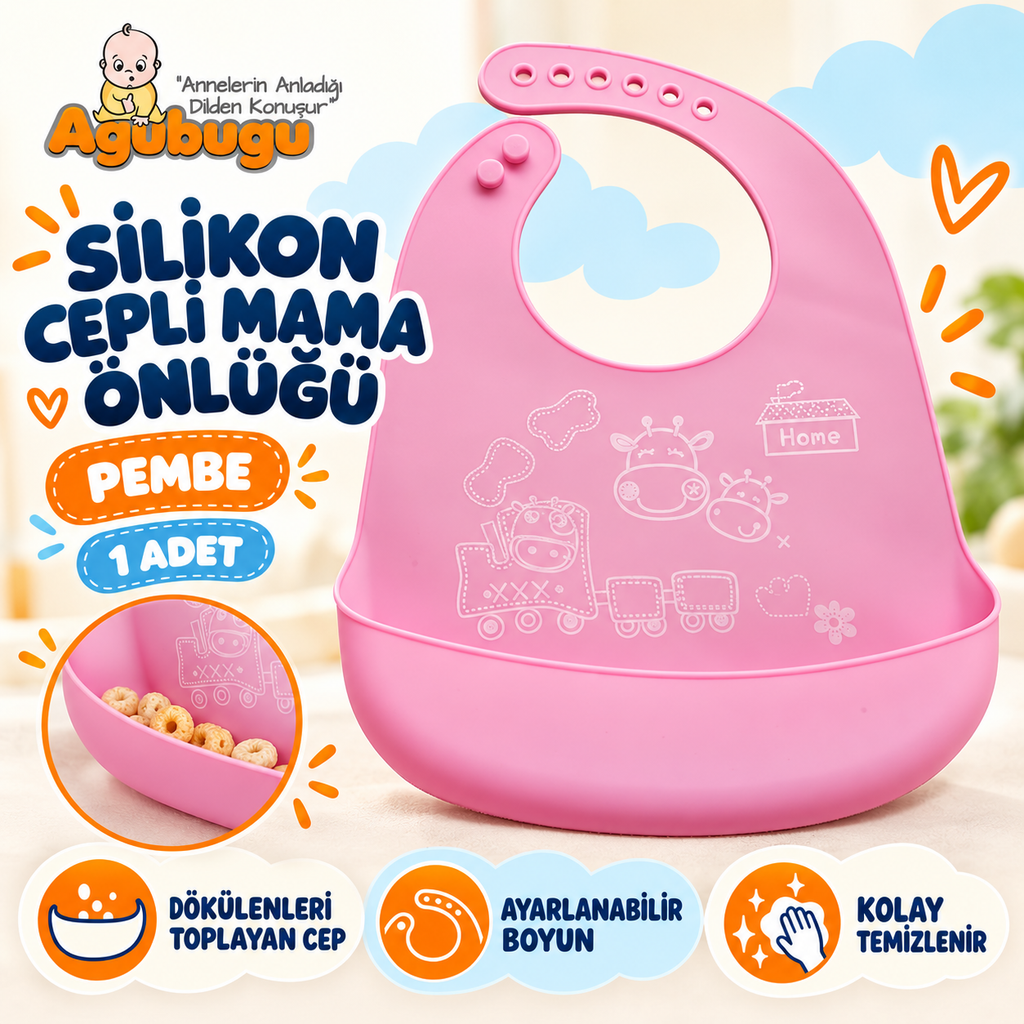 Silikon Cepli Mama Önlüğü - Pembe