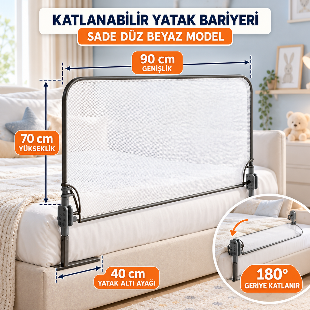 Katlanabilir Yatak Bariyeri - Desensiz Beyaz 90cm