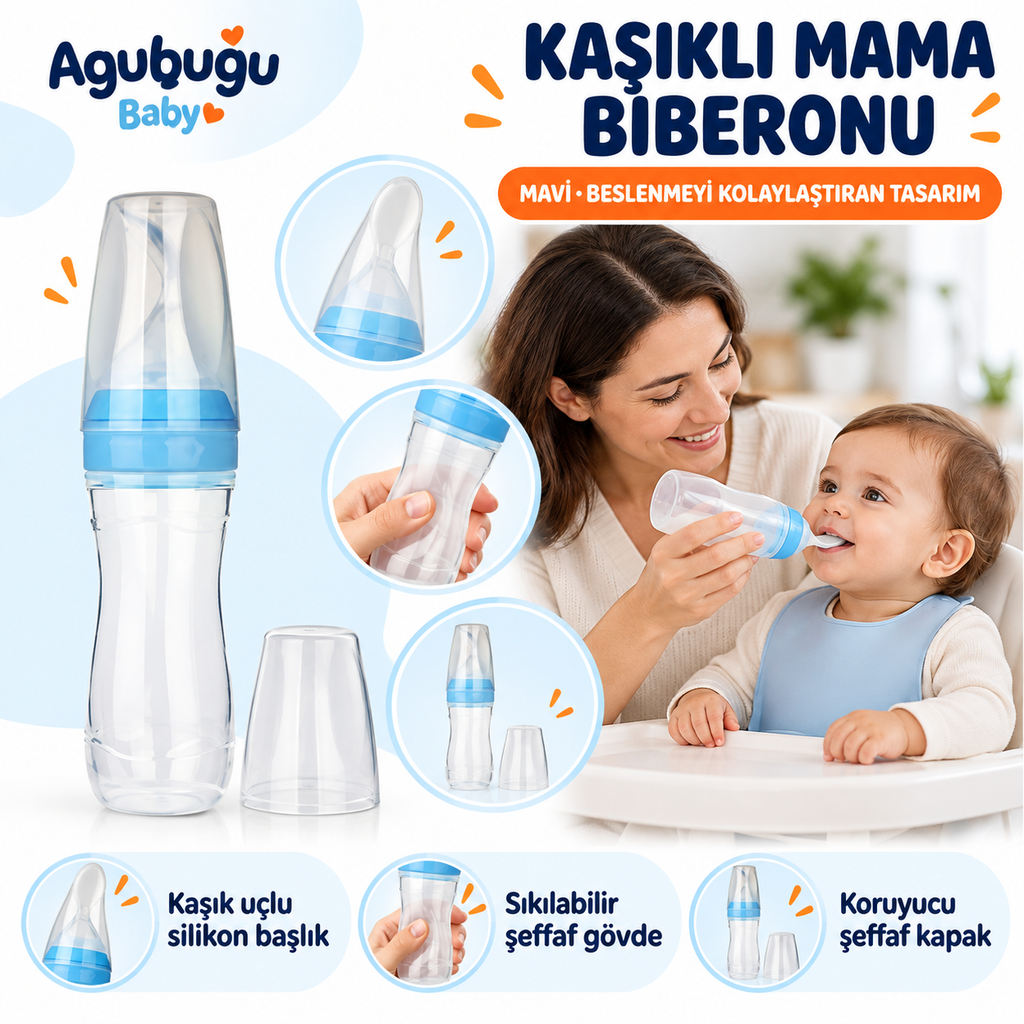 Kaşıklı Mama Biberonu - Mavi