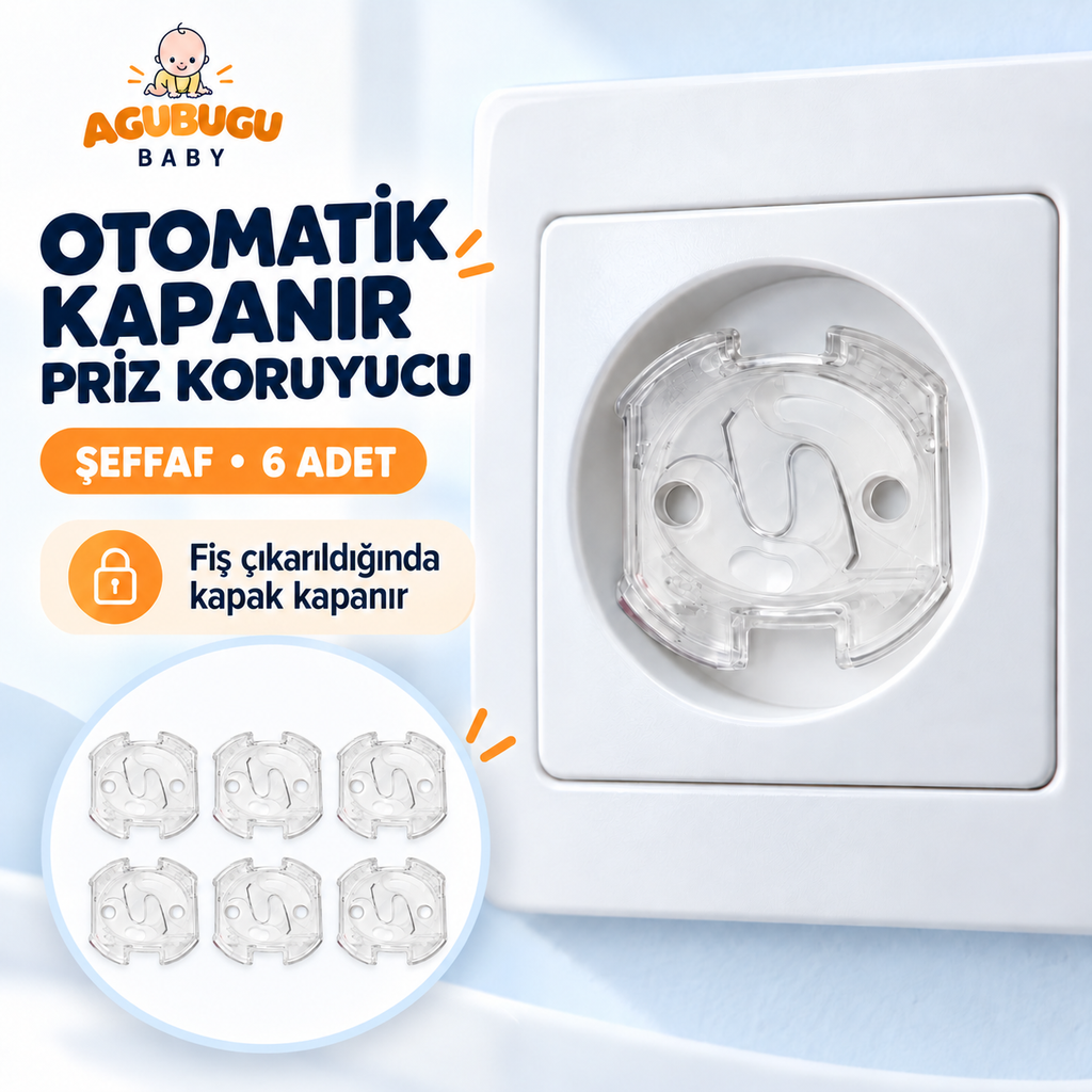 Güvenli Priz Koruyucu | Otomatik Kapanır Yaylı Sistem - Şeffaf - 6 Lı