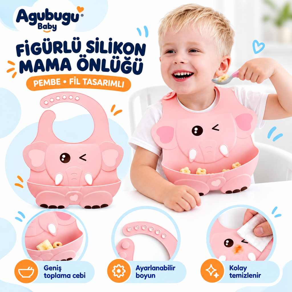 Kabartmalı Figürlü Cepli Silikon Mama Önlüğü - Pembe