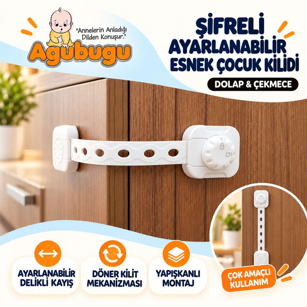 Agubugu Baby – Şifreli Ayarlanabilir Esnek Çocuk Kilidi - Dolap Çekmece Kilidi