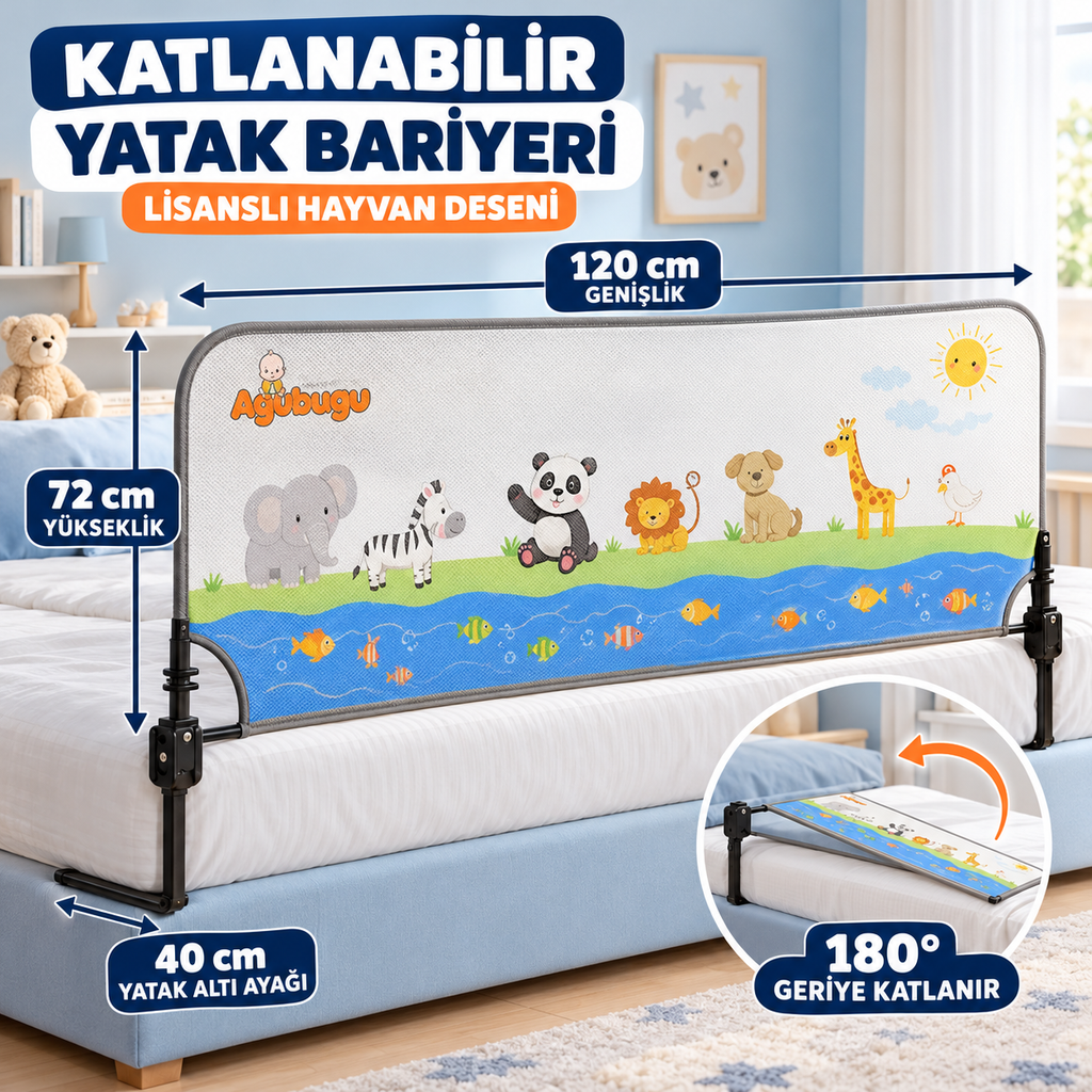 Agubugu Baby - Katlanabilir Yatak Bariyeri - Lisanslı Hayvan Desenli - 120cm