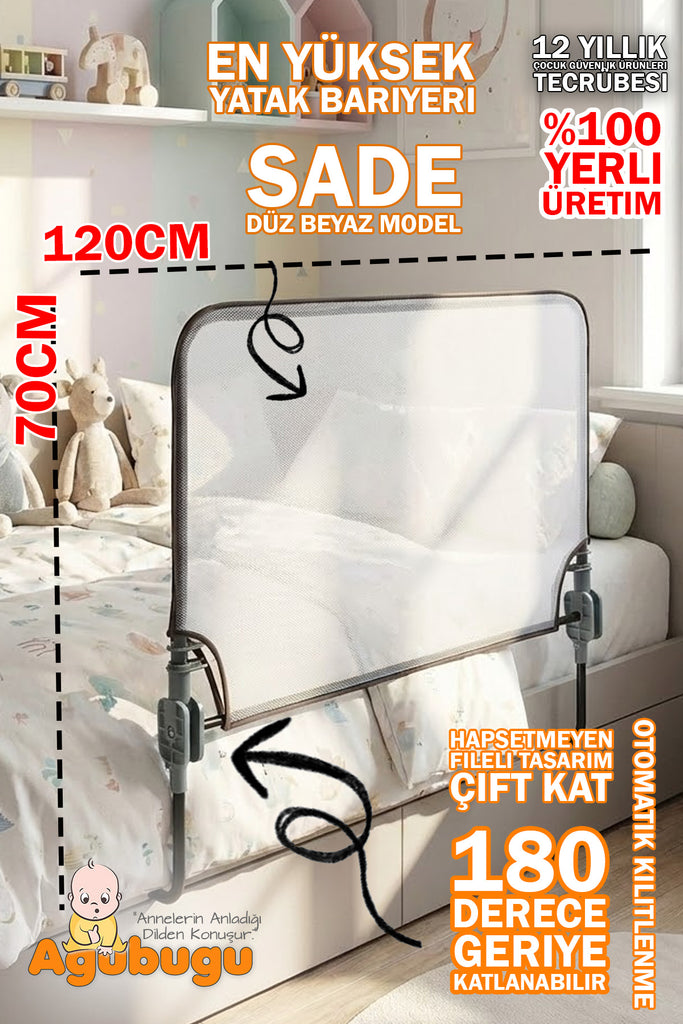 Agubugu Baby - Katlanabilir Yatak Bariyeri - Desensiz Beyaz 120cm