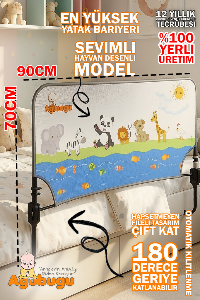 Agubugu Baby - Katlanabilir Yatak Bariyeri - Lisanslı Hayvan Desenli - 90cm