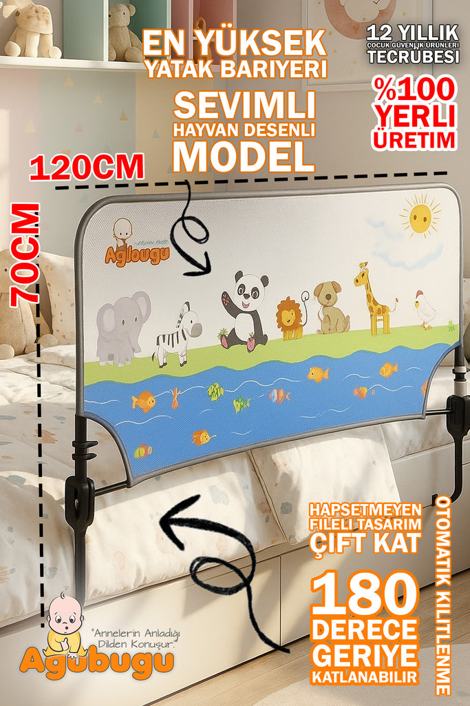 Agubugu Baby - Katlanabilir Yatak Bariyeri - Lisanslı Hayvan Desenli - 120cm
